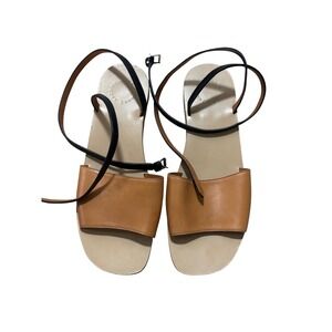 BY MARC JACOBS Tan Black Leather Ankle‎ Strap Flat Sandals Women's Size 41